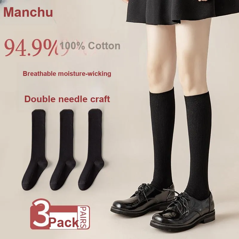 MANCHU Mid Calf Socks Women's 3 Pack Black-3