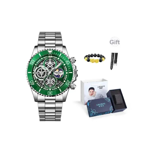 ABORNI Green SUBMARINER Collection Кварцевый механизм Ремешок из нержавеющей стали Часы Мужские часы Зеленый циферблат