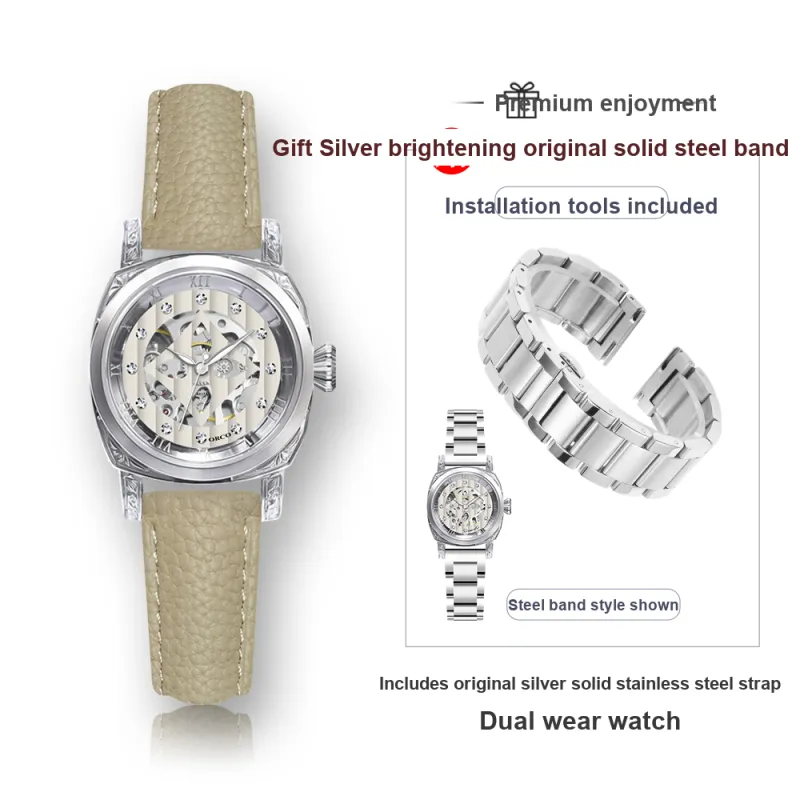 ORCO Automatic Mechanical Movement Cowhide Strap Watch Women's Watch White Dial-17
