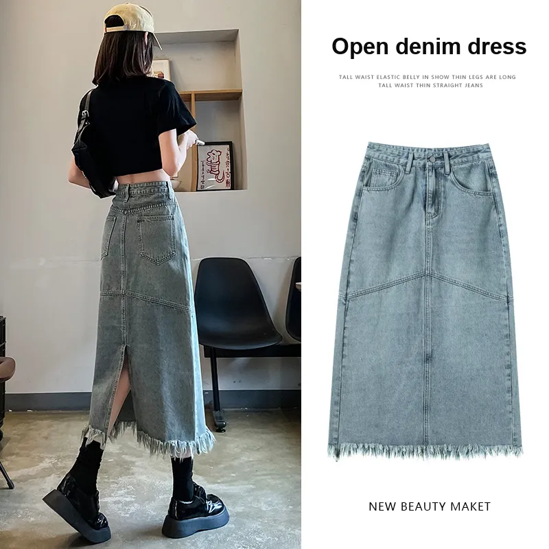 FAWENXIANGZI Denim Long Skirt Women's Blue-1