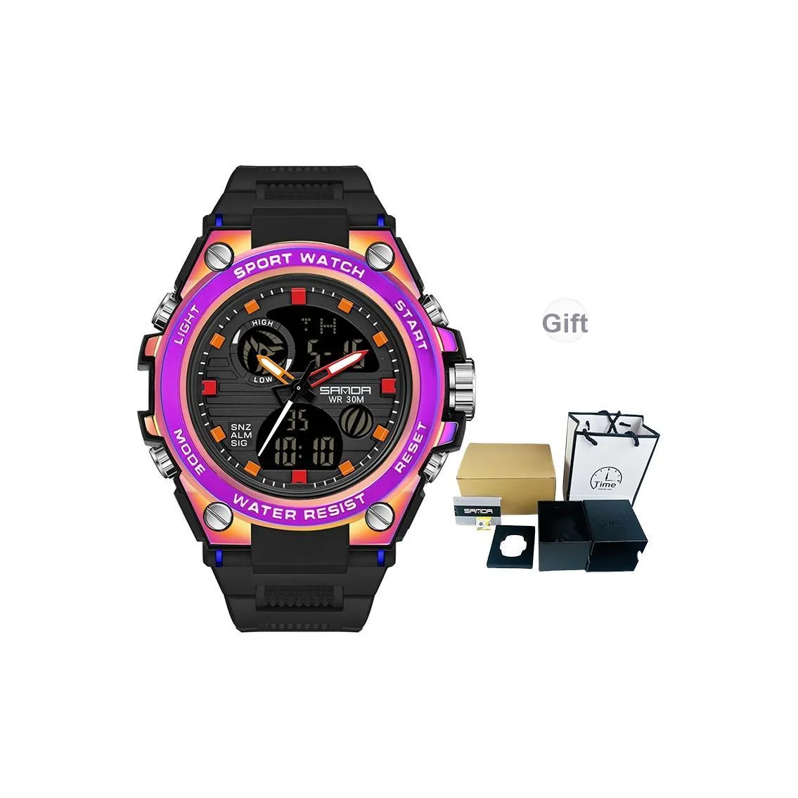 Sanda Электронный + Кварцевый механизм TPU Ремешок Часы Мужские Черный Циферблат