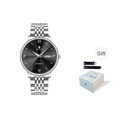 RUIGE Automatic Mechanical Movement Stainless Steel Watchband Men's Watches Black Dial