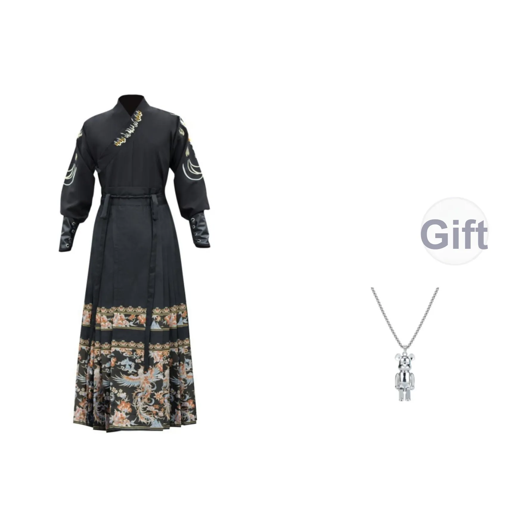 TUCANO Черный топ + Китайская юбка с узором "конское лицо" + Напульсник Мужские костюмы в стиле Тан