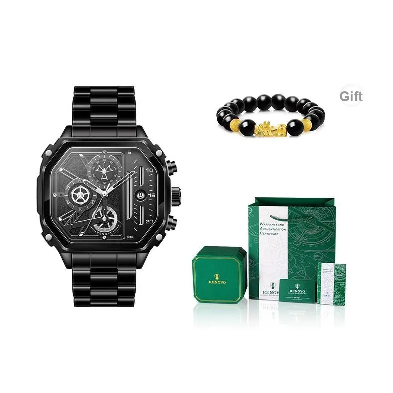 RENOVO Square Watch Collection Мужские часы Кварцевый механизм Ремешок из нержавеющей стали Черный циферблат