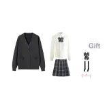 Dark Gray Cardigan+V-Neck Length Sleeve+Dark Night Killer Short Skirt, Includes Bow Ties+Calf Socks+Hanger