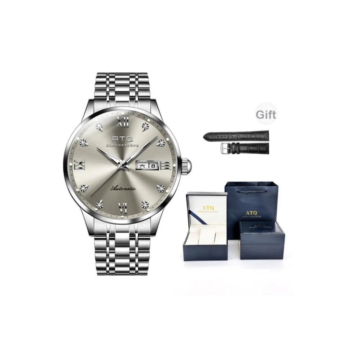 ATQ Elegant Series Автоматический Механический Механизм Нержавеющая Сталь Ремешок Часы Мужские Серый Циферблат