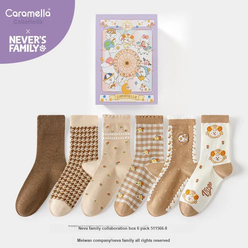Caramella x Naiva Family Mid Calf Socks Women's Gift Box Of 6 Doubles-6