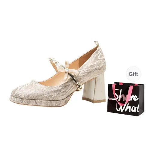 BIGTREE Chunky Heel High Heels Women's Champagne Gold