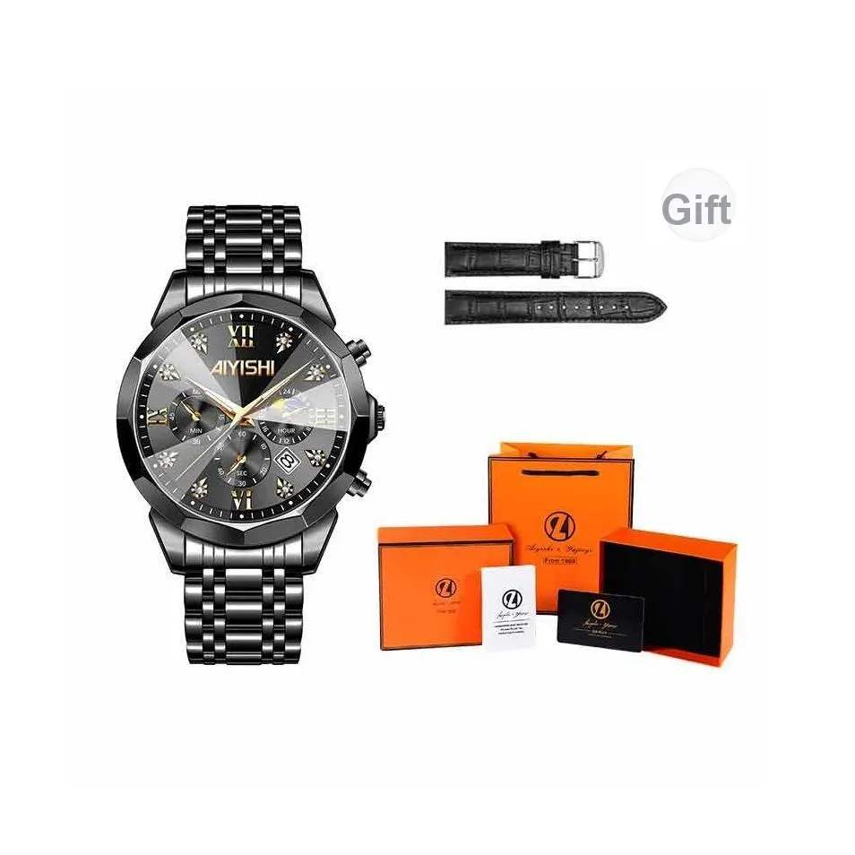 AIYISHI Наручные часы Кварцевый механизм Черный циферблат Мужские часы Повседневные Универсальные Мужские часы Набор в подарочной коробке