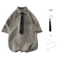 Beige Khaki Short-Sleeved Shirt, Comes with Black Tie+Reversible Smiley Face Necklace