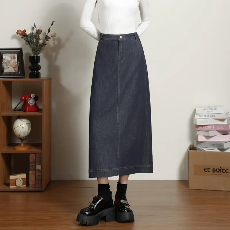 FAWENXIANGZI Denim Long Skirt Women's Dark Blue-4