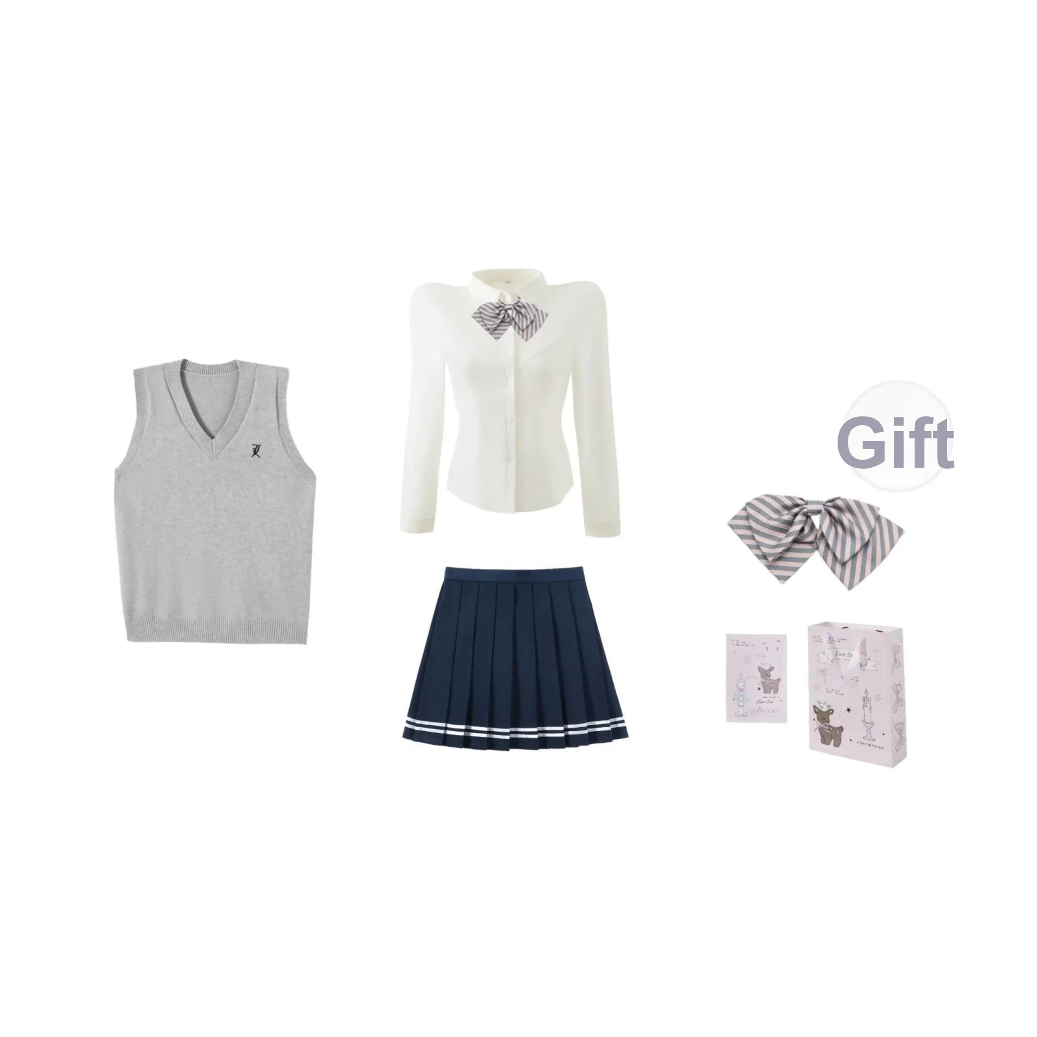 KAZAN Серый Жилет Четырехкомпонентный Набор Серый Жилет + Длинный Рукав Эластичная Рубашка + Темно-Синяя Юбка с Плиссировкой + Розово-Серая Полосатая Шарф-Бандана + Подарочная Бумажная Упаковка Женская Униформа