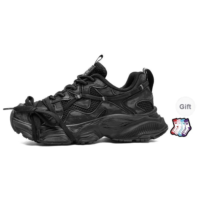 AOKANG Chunky Sneakers Women's Low Top Black Distressed/Black/Gray/Gray Distressed-7