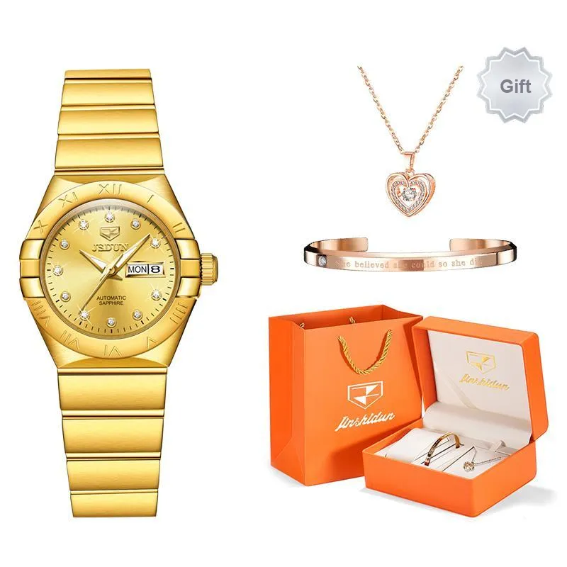 Jin Shi Dun Radiant Diamond Box Mechanical Movement Stainless Steel Watchband Watch Women's Watch White Dial-10