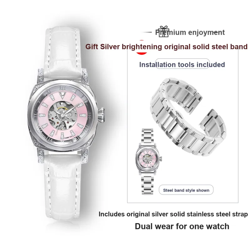 ORCO Automatic Mechanical Movement Watch Women's Watch Pink Watch Dial-3
