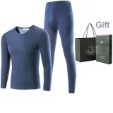Men's Crew Neck Clothing Sets (Denim Blue) Thickened and Fleece-Lined/Thermal