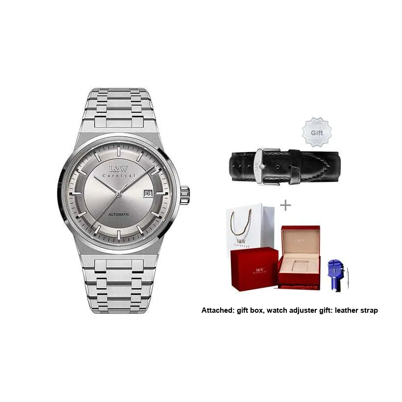 I&W CARNIVAL HWGUOJI Automatic Mechanical Movement Stainless Steel Watchband Watch Men's Watches Gray Dial