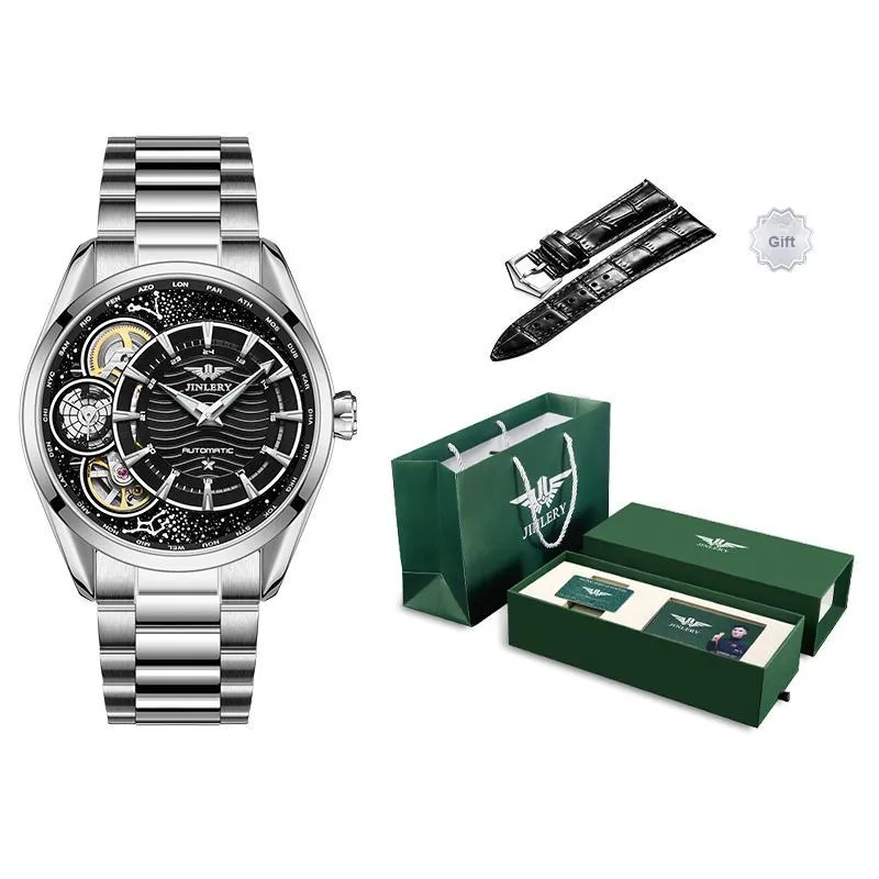 JINLERY Automatic Mechanical Movement Stainless Steel Watchband Watch Men's Watches Black Dial