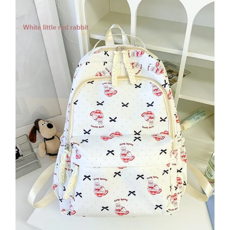 Dusen Kangaroo Nylon Fabric Backpack Regular Unisex White/Pink/Blue-1