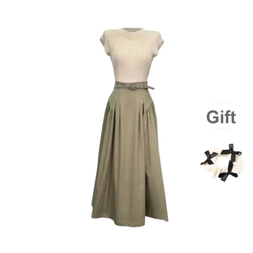 TURN UP Two Piece Skirt Sets Women's Clothing Sets Apricot Green Two Piece Set+Bowknot Hair Tie Comes With