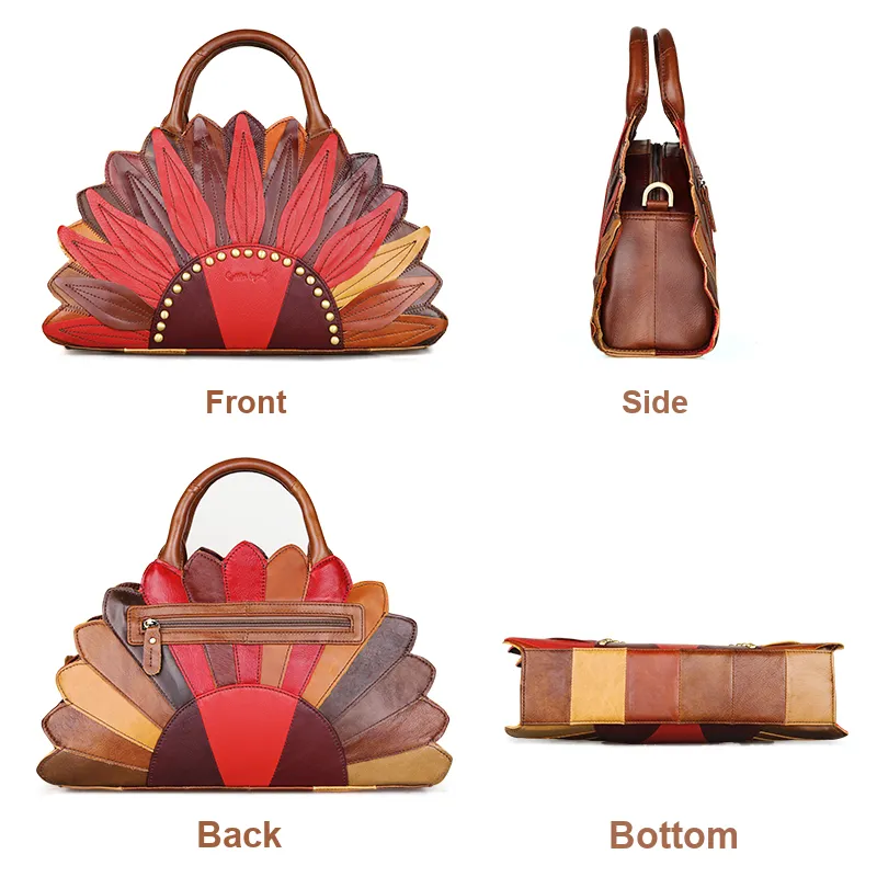 ;COBBLER LEGEND Top Grain Cow Leather Handbags Shoulder Bags Medium Size Women's Red With Apricot And Light Brown-7