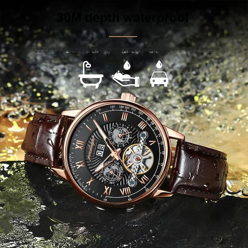POEDAGAR Automatic Mechanical Movement Leather Strap Watch Men's Watches Gold Dial-28