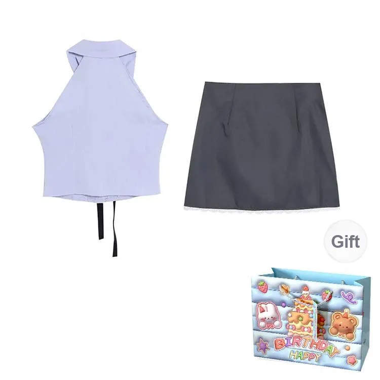 REMOULD Two Piece Skirt Sets Women's Blue Shirt/Gray Skirt-1
