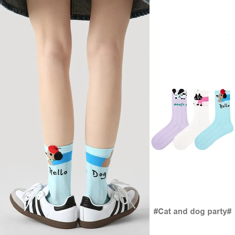 Vine Color Mid Calf Socks Unisex 3 Pack Cat And Dog Party-3