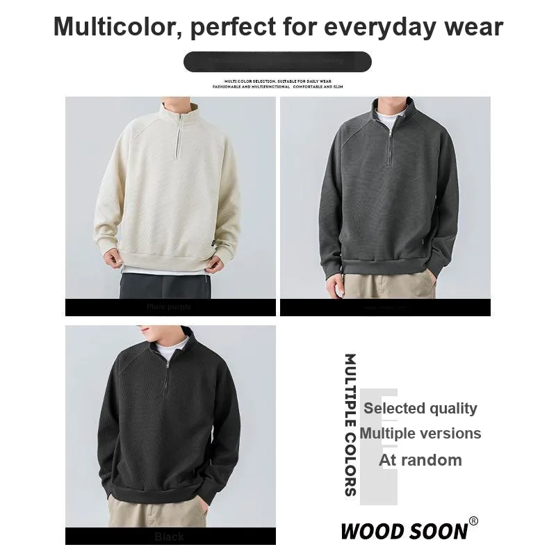 WOOD SOON Loose Fit Pullover Long Sleeved Versatile Solid Color T Shirt Men's-5