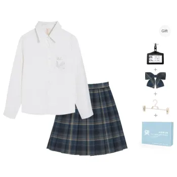 Ice cream and whale Uniforms Women's Jingsiyue Shirt+Misty Whale Checkered Skirt, Comes With A Bow Tie+Skirt Clip+School Emblem