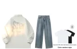 Set (Белый топ + Средне-голубые брюки) (Включает рубашку с коротким рукавом)