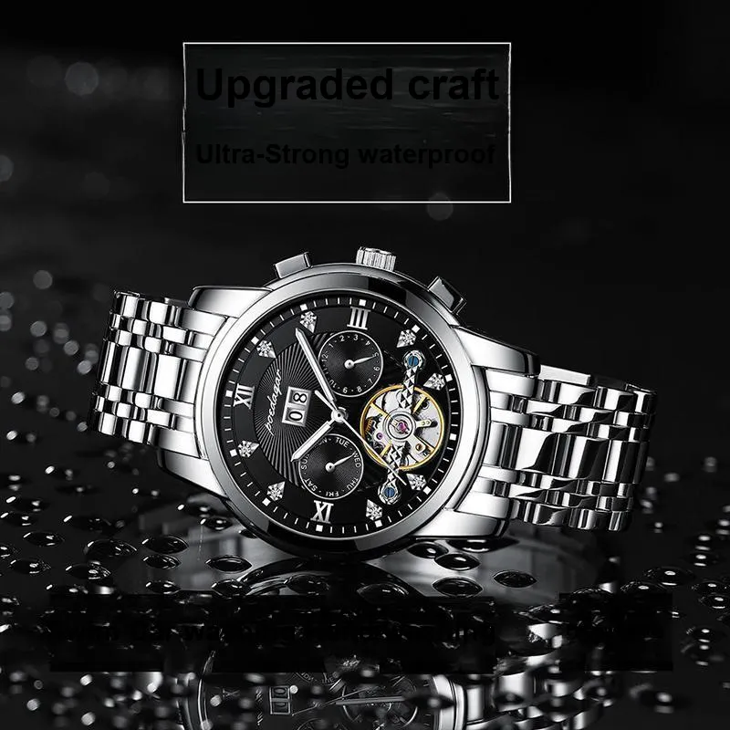 POEDAGAR Mechanical Movement Stainless Steel Watchband Men's Watches Black Dial-34