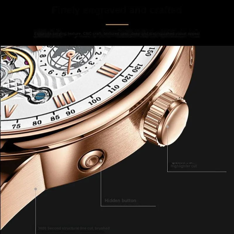POEDAGAR Automatic Mechanical Movement Leather Strap Watch Men's Watches Gold Dial-25
