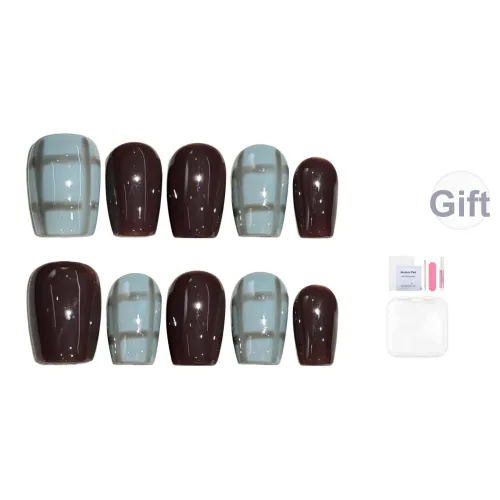 Yun Yue Joe Стиль Майярд Цветовой блок Клетчатый Осветляющий Винтажный Коричневый False Nail Короткий LADDER 15 мм