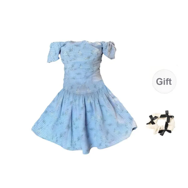 CPAURA Short Sleeved Dress Women's Blue+Bowknot Hair Tie Comes With-1