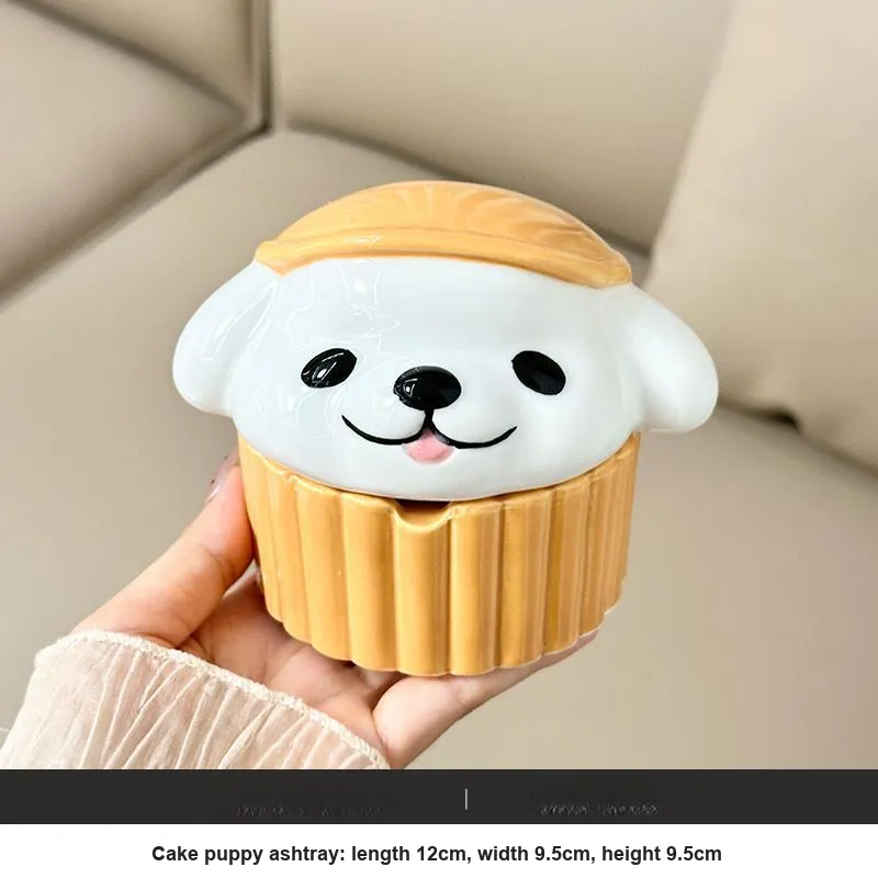 KERPA Creative Cake Puppy Ashtray With Lid, Adorable Style Ashtray, Home Living Room Tea Table Accessories, Small Size-4