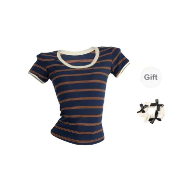 TORIGHT T Shirts Women's Blue Stripes+Bowknot Hair Tie Comes With