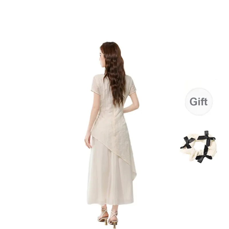 TORIGHT Short Sleeved Dress Women's Apricot+Bowknot Hair Tie Comes With-1