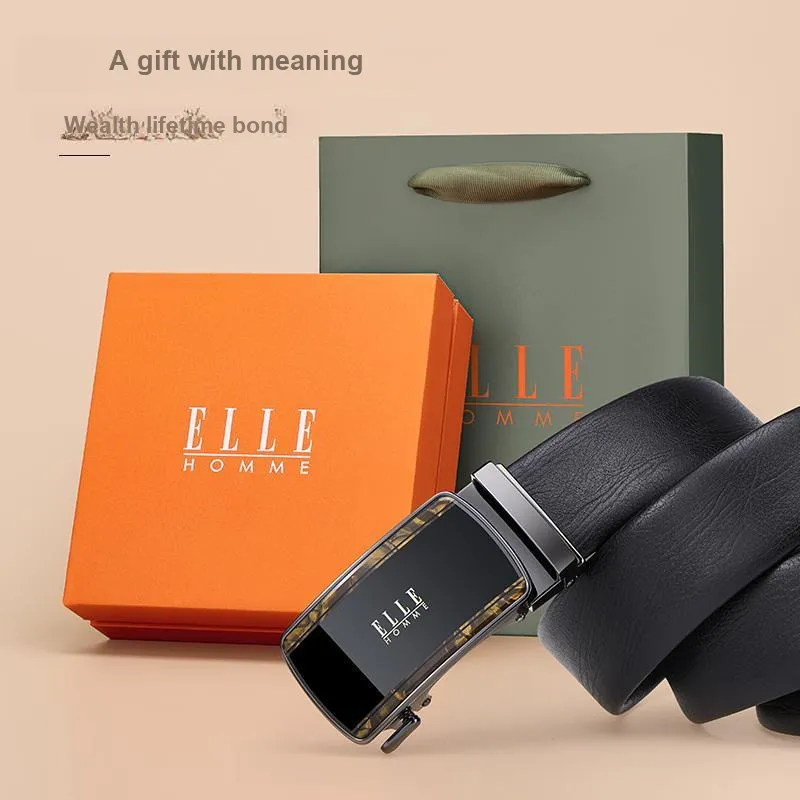 ELLE HOMME Top Grain Cow Leather Fashion Trend Casual Versatile Belt, Gift Box Set Men's Width 3.5cm-13