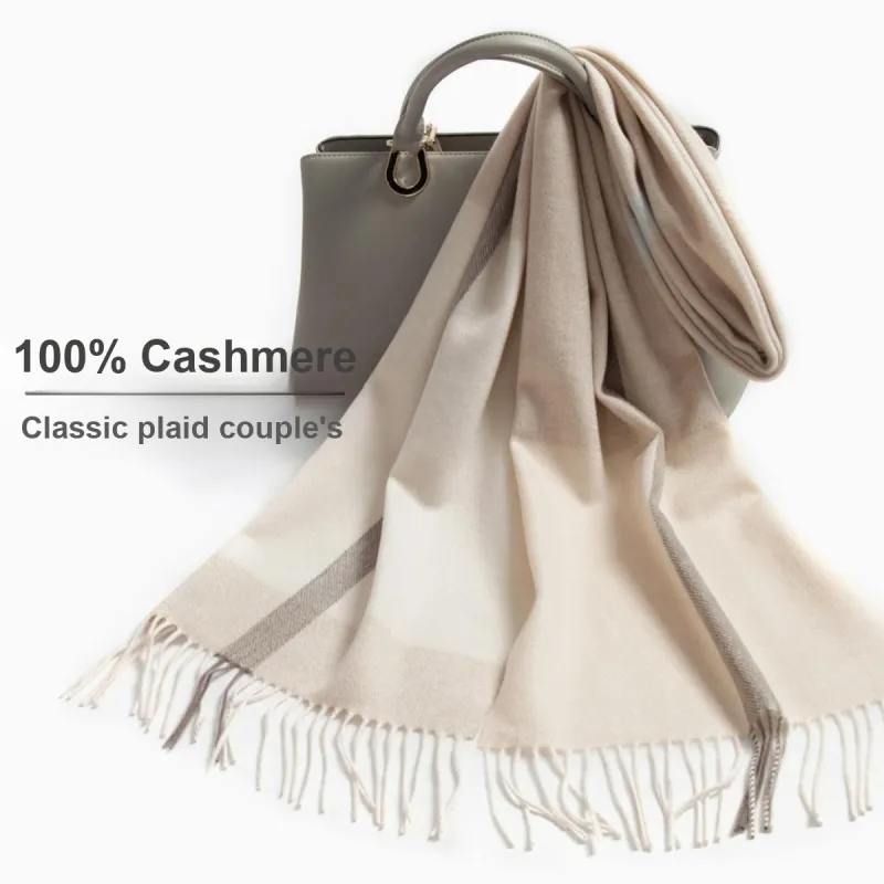 Shanghai Story 100% Cashmere Knit Scarves Unisex Beige And Orange Check Gift Box Set-3