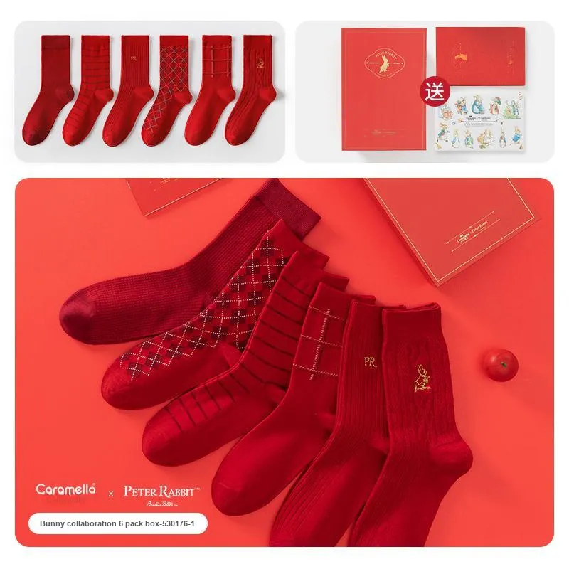 Caramella x Peter Rabbit Mid Calf Socks Unisex 6 Pack Red-1