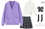 Purple Cardigan+White Long Dress with Cinched Waist+Dark Night Short Skirt, Includes Bow Ties+Calf Socks+Hanger