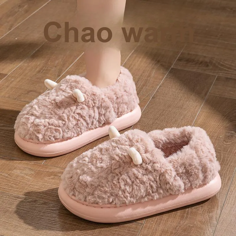 Foot Recreation 3D Effect Small Ears Solid Color Fleece Slippers Winter Home Indoor Warm Cotton Home Slippers Unisex-19