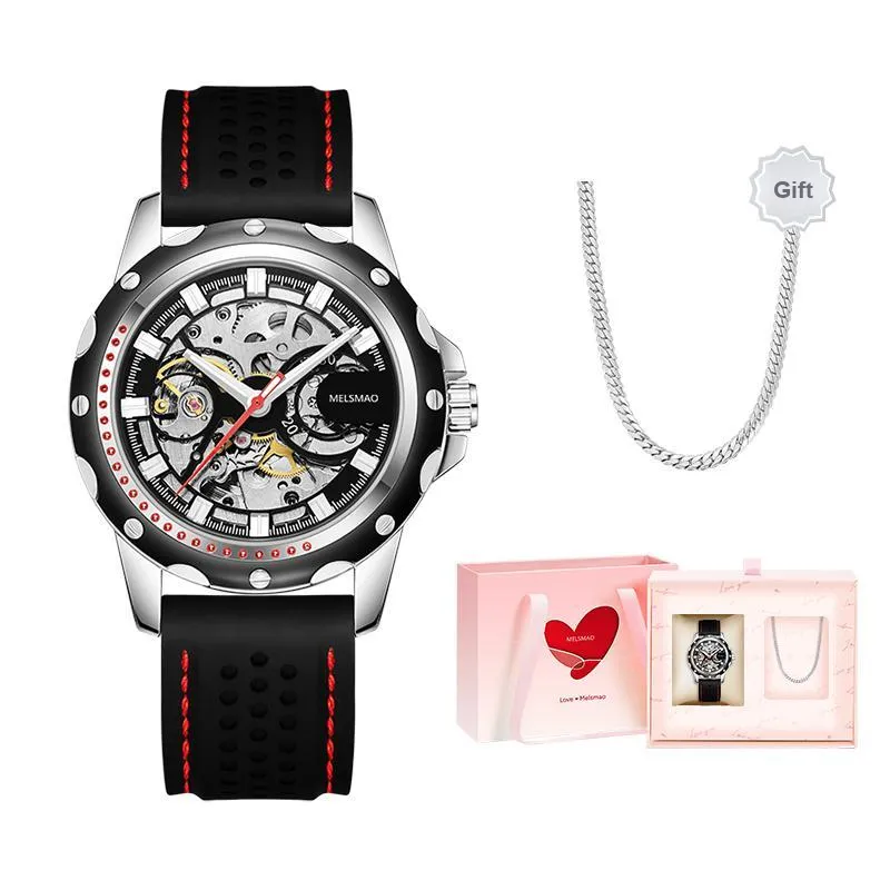 MELSMAO Mechanical Movement Silicone Strap Watch Men's Watches Cut-Out Dial