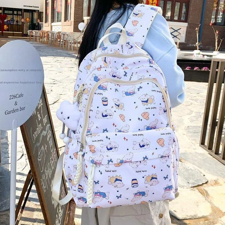Dusen Kangaroo Nylon Fabric Backpack Regular Unisex White/Pink/Blue-13