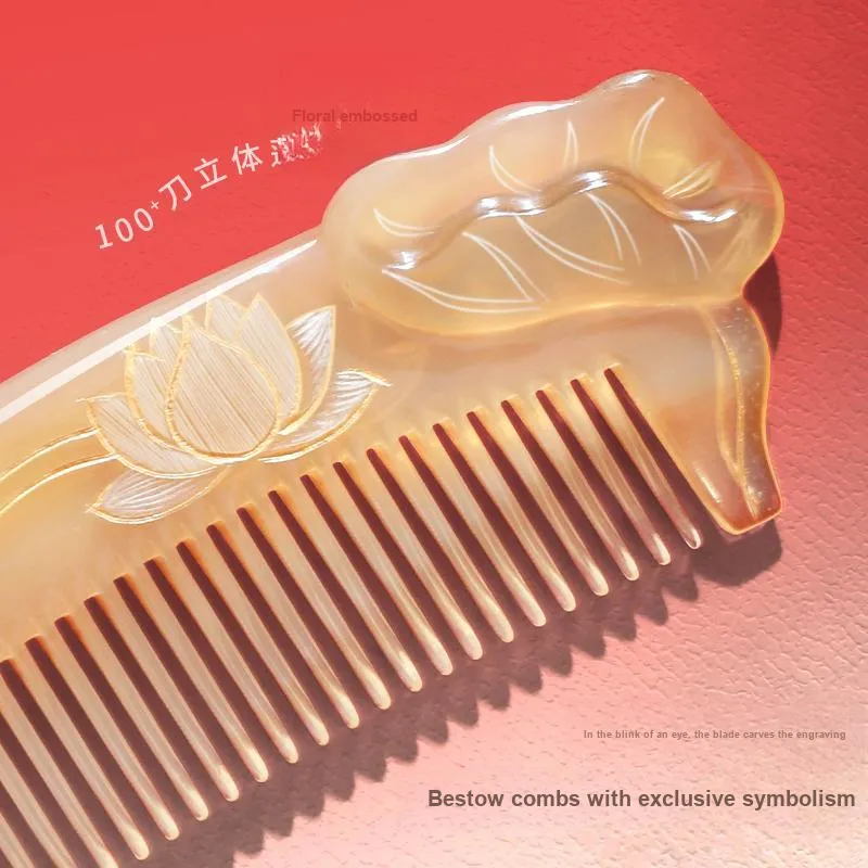 Chao Jun Natural Textured Premium Goat Horn Comb And Lotus Set Massage Scalp Meridians, All Good Looking Practical Box-1