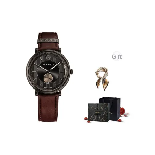 VERSACE Наручные часы Кварцевый механизм Коровья кожа Ремень 42 Кофе Циферблат часов Мужские часы Лимитированная подарочная коробка + Шелковый шарф