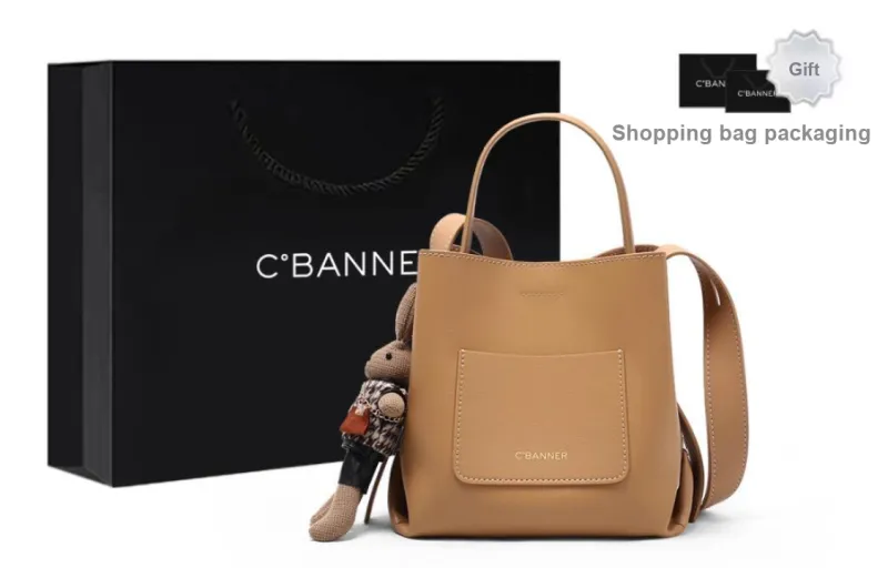 C°BANNER Cow Leather Patchwork Synthetic Leather Bucket Bags Handbags Regular Women's Smoke Gray/Tea Brown-4