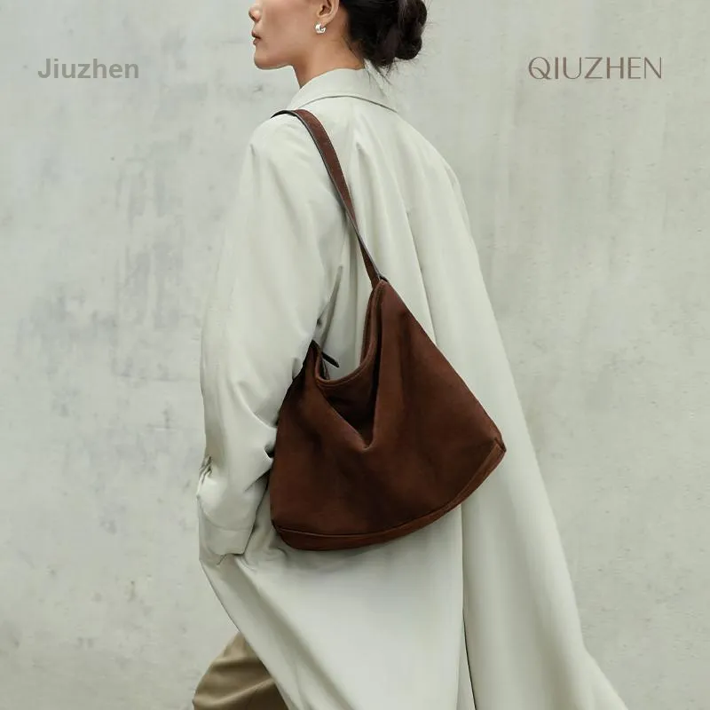 Qiuzhen Matte Cow Leather Free Hobo Bag Nubuck Shoulder Bag Large Size Extra Large Unisex Coffee/Black-4