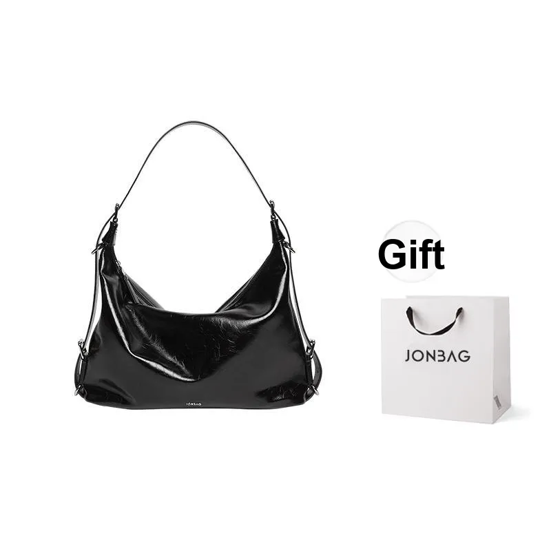 JONBAG Cow Leather Crescent Bag Shoulder Bag Crossbody Bag Women's Black Oil Wax \Brushed Brown\ Velour Cocoa Brown